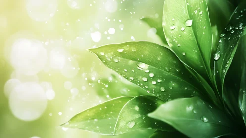 Macro view of green leaves with water droplets in daylight.