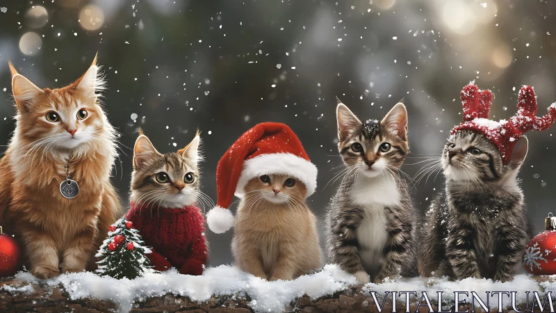 Five Festive Cats in Winter Landscape with Holiday Ornaments.