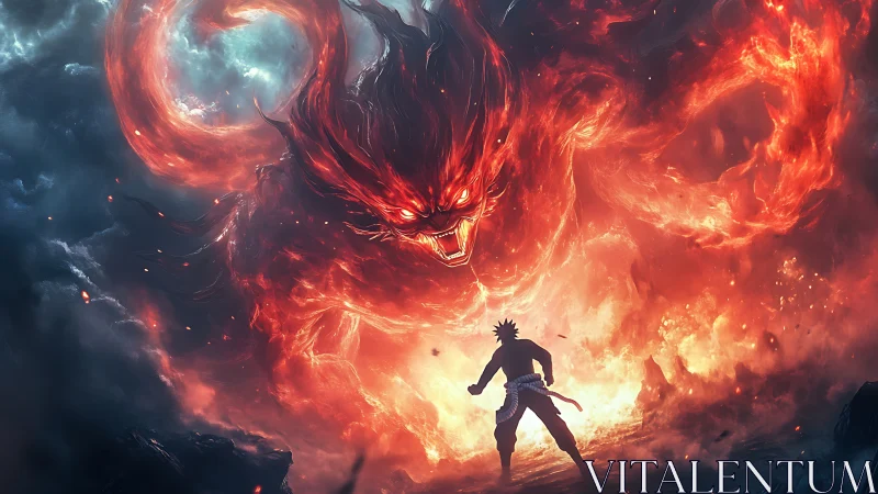 Fiery spirit looms as lone warrior faces a blazing destiny.