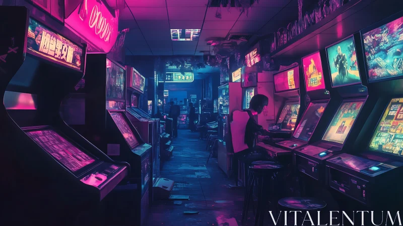 Neon arcade corridor hums while a lone player rewrites night