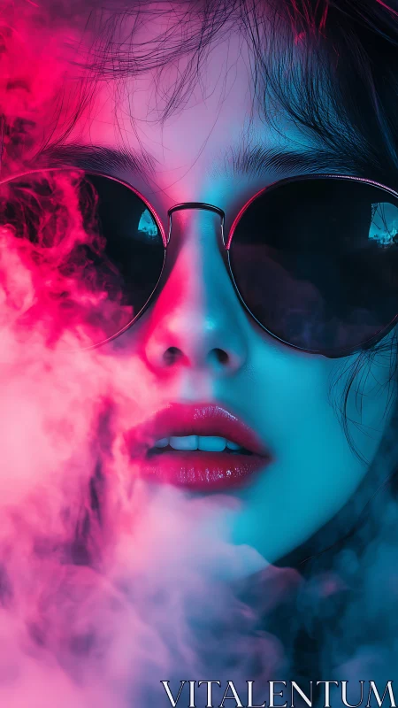Close portrait of woman in neon smoke with sunglasses.