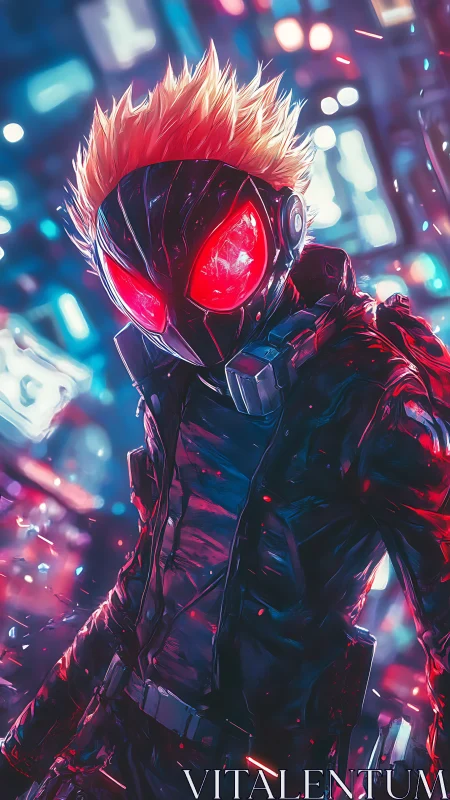 Electric-eyed cyber hero strolling through neon night streets.