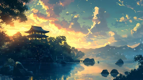 Lake sunset with hilltop pagoda and distant mountains.