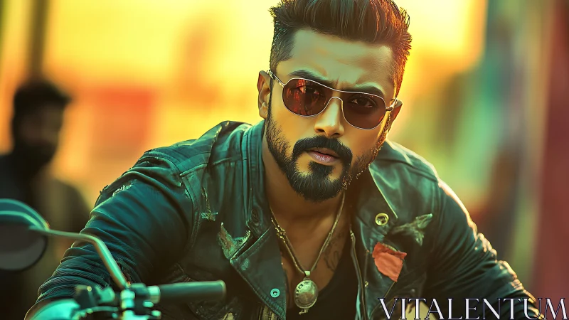 Motorcyclist leans forward wearing sunglasses and leather jacket