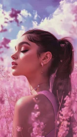 Dreamy side-profile portrait amid ethereal pink flowers.