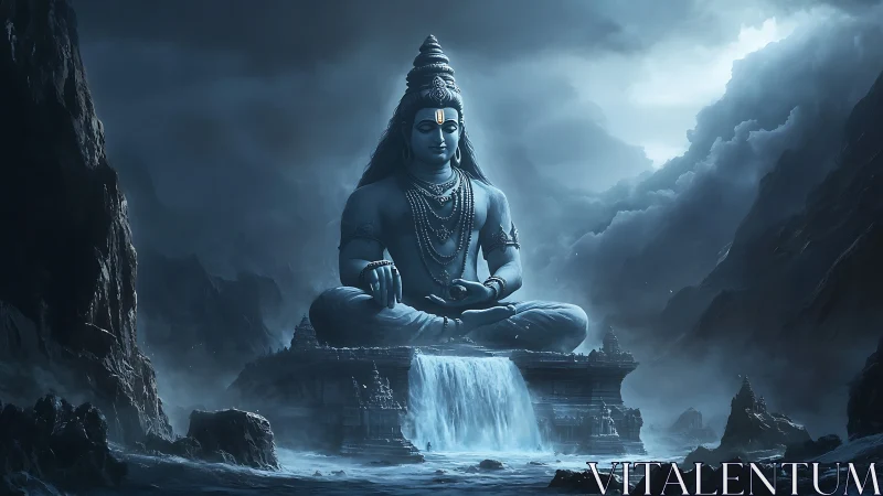 Monumental Shiva idol in mist-laden mountainous temple setting.