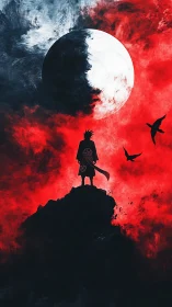 Lone anime figure confronts a blazing red eclipse sky.