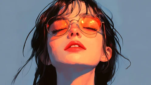 Sunlit portrait of woman in reflective orange round glasses