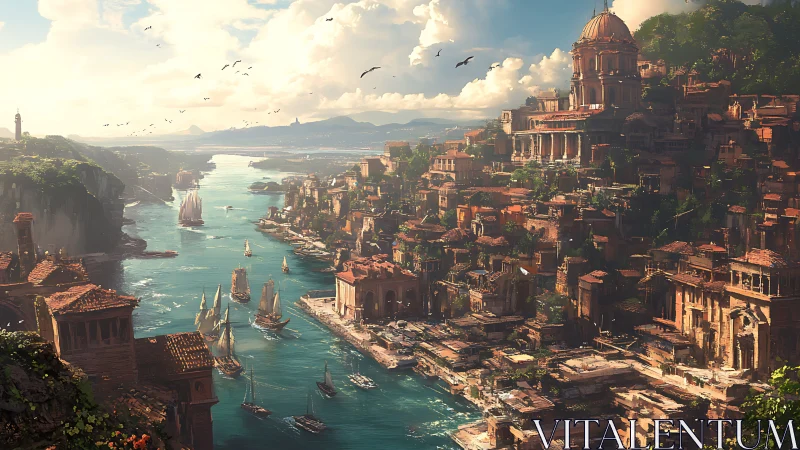 Sunlit terraced harbor city with neoclassical dome and dense masonry