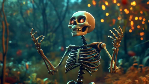 Bewildered forest skeleton marvels at glowing autumn lights