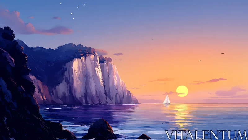 Sunset-lit sea cliffs with distant white sailboat on horizon