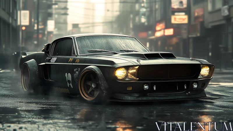 Modified classic muscle car on wet urban street at dusk.