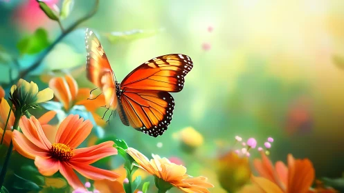 Vibrant monarch butterfly hovering over luminous florals.