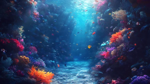 Radiant coral canyon illuminated by volumetric undersea light