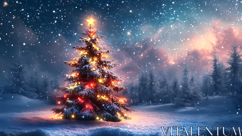 Snowy forest Christmas tree with colorful lights at night.