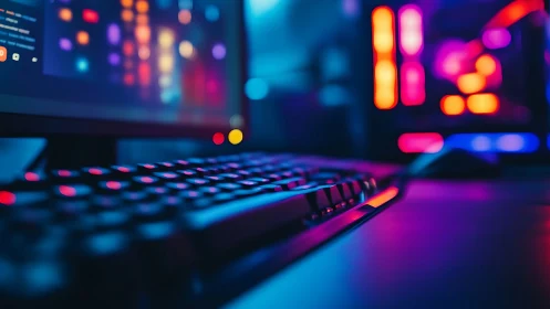 RGB backlit mechanical keyboard with neon gaming desktop