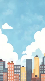 Colorful low-rise and high-rise city buildings stand under clouds