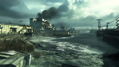 Industrial shoreline with decaying structures and smoke plume.