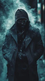 Hooded urban figure emerges through cyan smoke in moody backlight