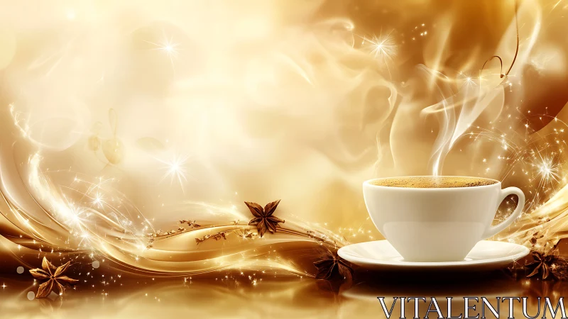 Golden coffee steam swirls around glowing aromatic spices.