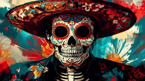 Calavera figure in floral sombrero against abstract backdrop.