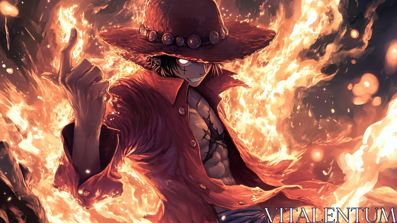 Fiery anime swordsman in red coat amid blazing flames.