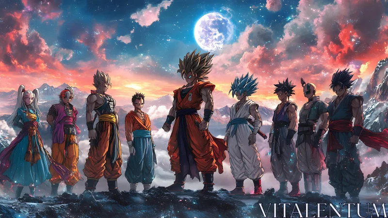 Starlit Saiyan assembly beneath a burning cotton candy sky.