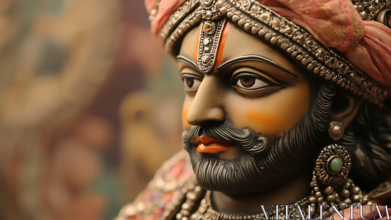 Regal Indian sculpture portrait in warm shallow focus lighting.