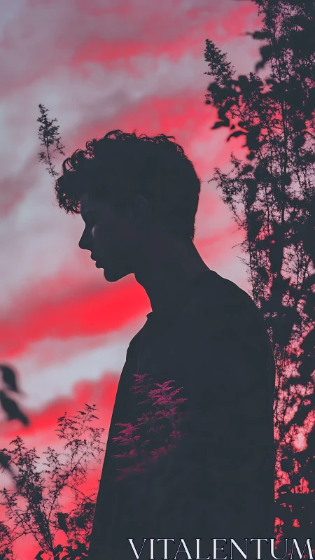 Silhouetted daydreamer under glowing pink twilight sky.