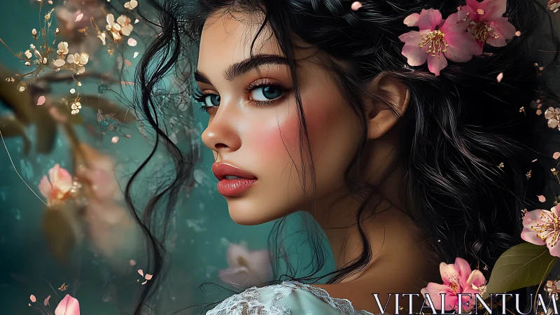 Digital portrait of floral crowned woman with teal bokeh background