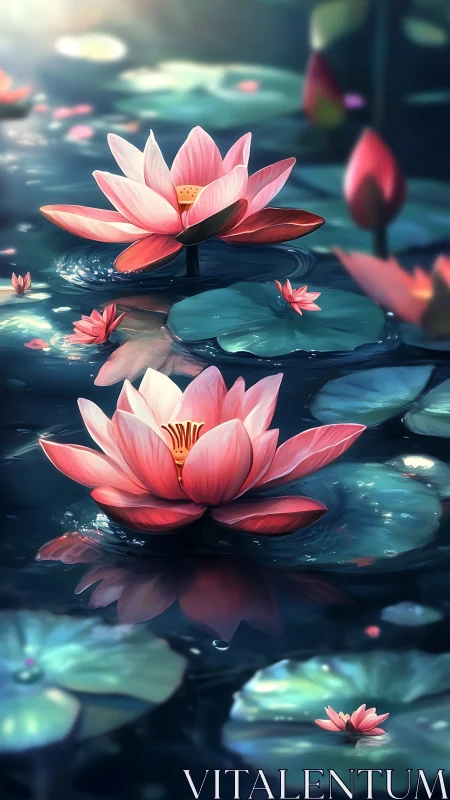 Pink lotus blossoms glow over deep teal reflective water.