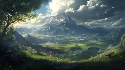 Sunlit valley and snowcapped mountain in a peaceful vista.