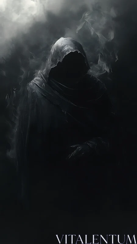 Mysterious hooded figure emerging from swirling shadowed mist.