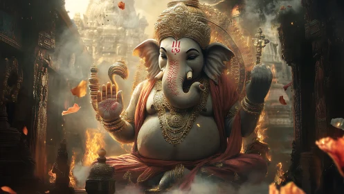 Photorealistic Ganesha temple portrait with cinematic lighting.