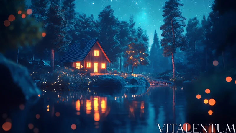 Lakeside forest cabin at night with illuminated windows.