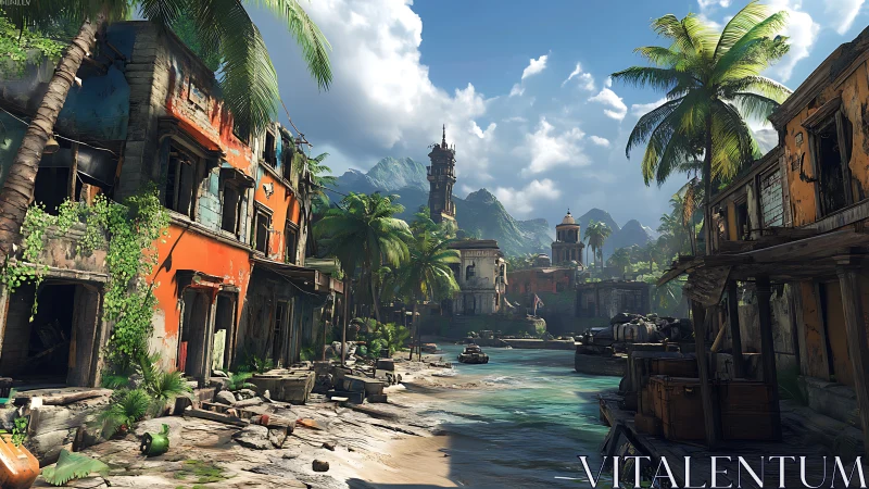 Tropical Coastal Settlement with Ornate Architecture, Turquoise Water