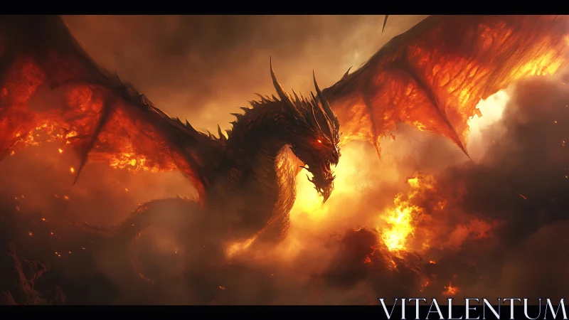 Fire dragon soars through storming skies above molten ruins
