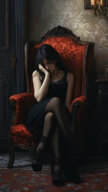 Melancholic woman in ornate red armchair at dusk.