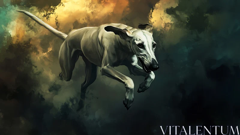 Dynamic sighthound in mid-stride against abstract clouded background