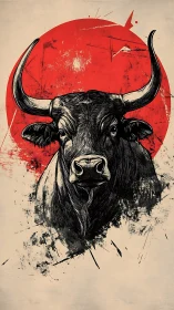 Bull head illustration before red circular backdrop.