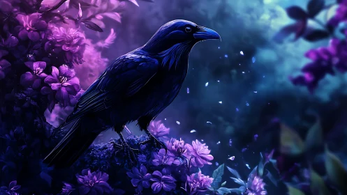 Bioluminescent raven on floral perch under neon twilight sky