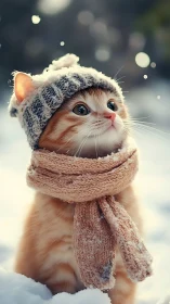 Digitally rendered feline wearing knitted winter accessories in snowy environment