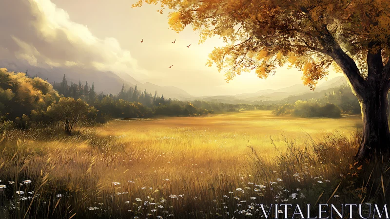 Golden meadow dreamscape under a quiet autumn sunlit sky.