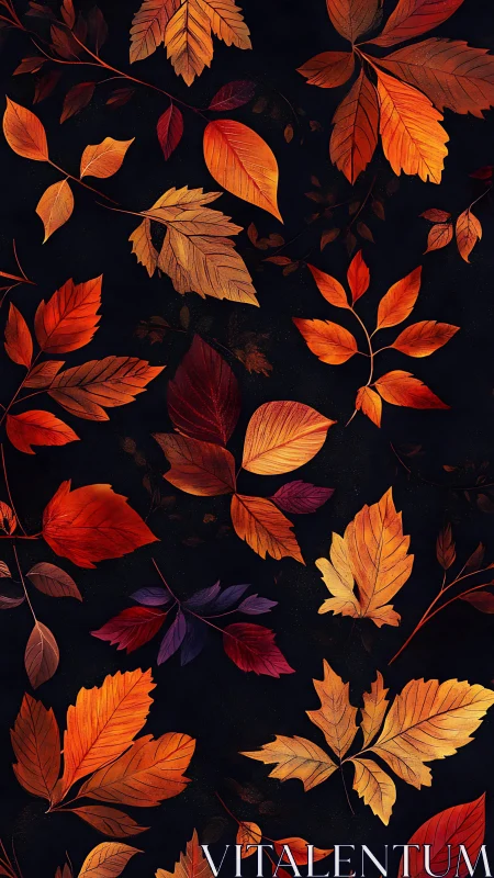 Autumn foliage pattern renders glowing leaves on deep black