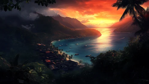 Tropical bay village at sunset with reflective ocean inlet