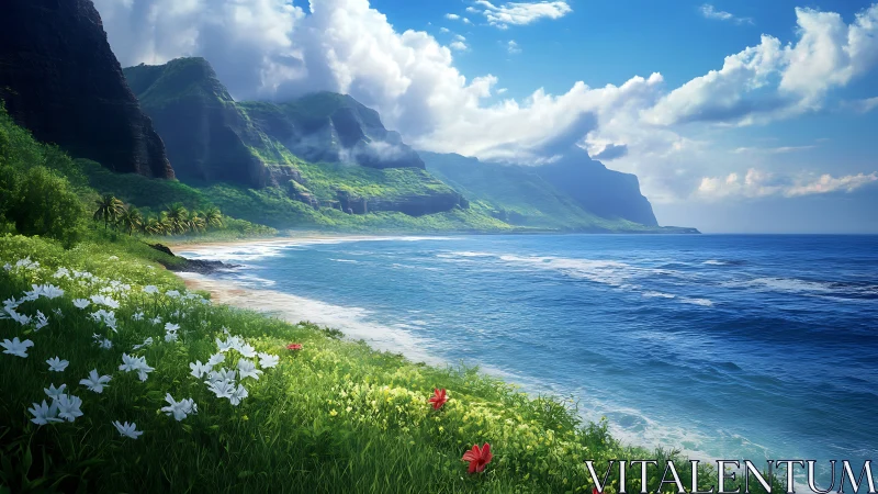 Sunlit tropical cliffside bay with bright wildflower shore.