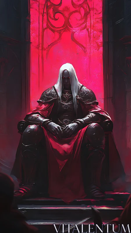 Armored pale warlord enthroned before incandescent sigil field.