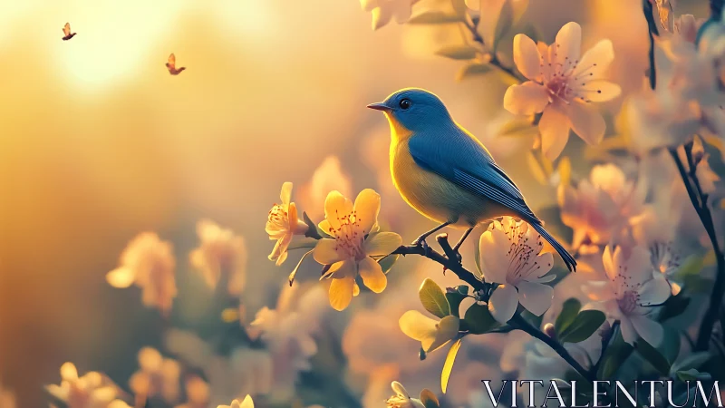 Blue songbird perched on cherry blossom branch, soft dreamy light.