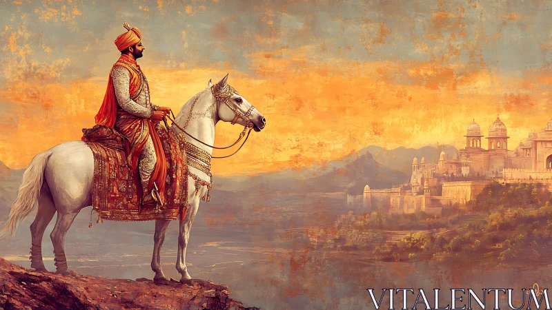 Mounted noble in ornate attire overlooking palace at dusk.