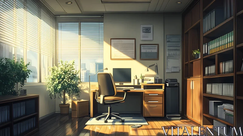 Sunlit office workstation shows organized desk and shelving